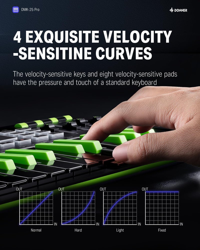 Donner DMK25 برو وحدة تحكم لوحة مفاتيح MIDI، 25 مفتاح مصغر محمول USB-C مع 8 وسادات طبول، شاشة OLED، شريط لمسي مخصص، برنامج إنتاج موسيقي و 40 دورة تعليمية، أخضر - Image 5